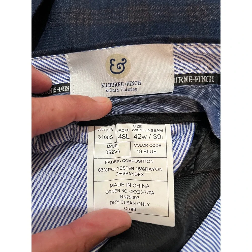 Kilburne Finch Mens Blue Plaid Tailored Fit 2 Piece Suit 48L 42W 39L Unaltered